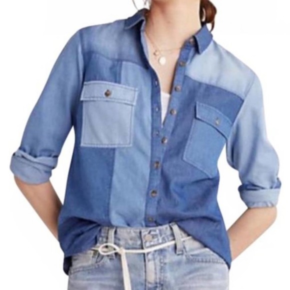 Pilcro & The Letterpress Denim Patchwork Button Up Top - Picture 2 of 10